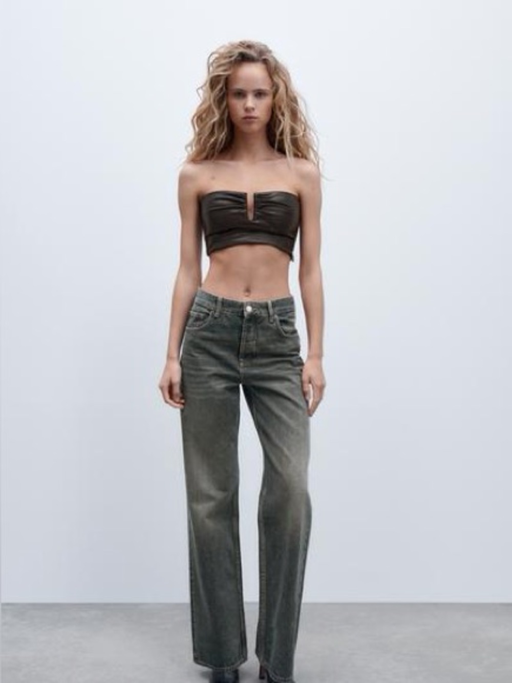 Brown/Black Faux Leather Strapless Bandeau Top